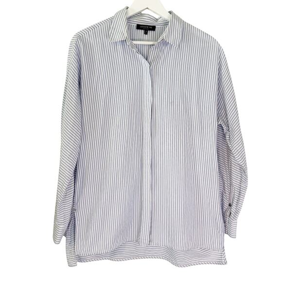 Lafayette 148 NY Blue Striped Button Down Shirt Medium - Picture 1 of 6